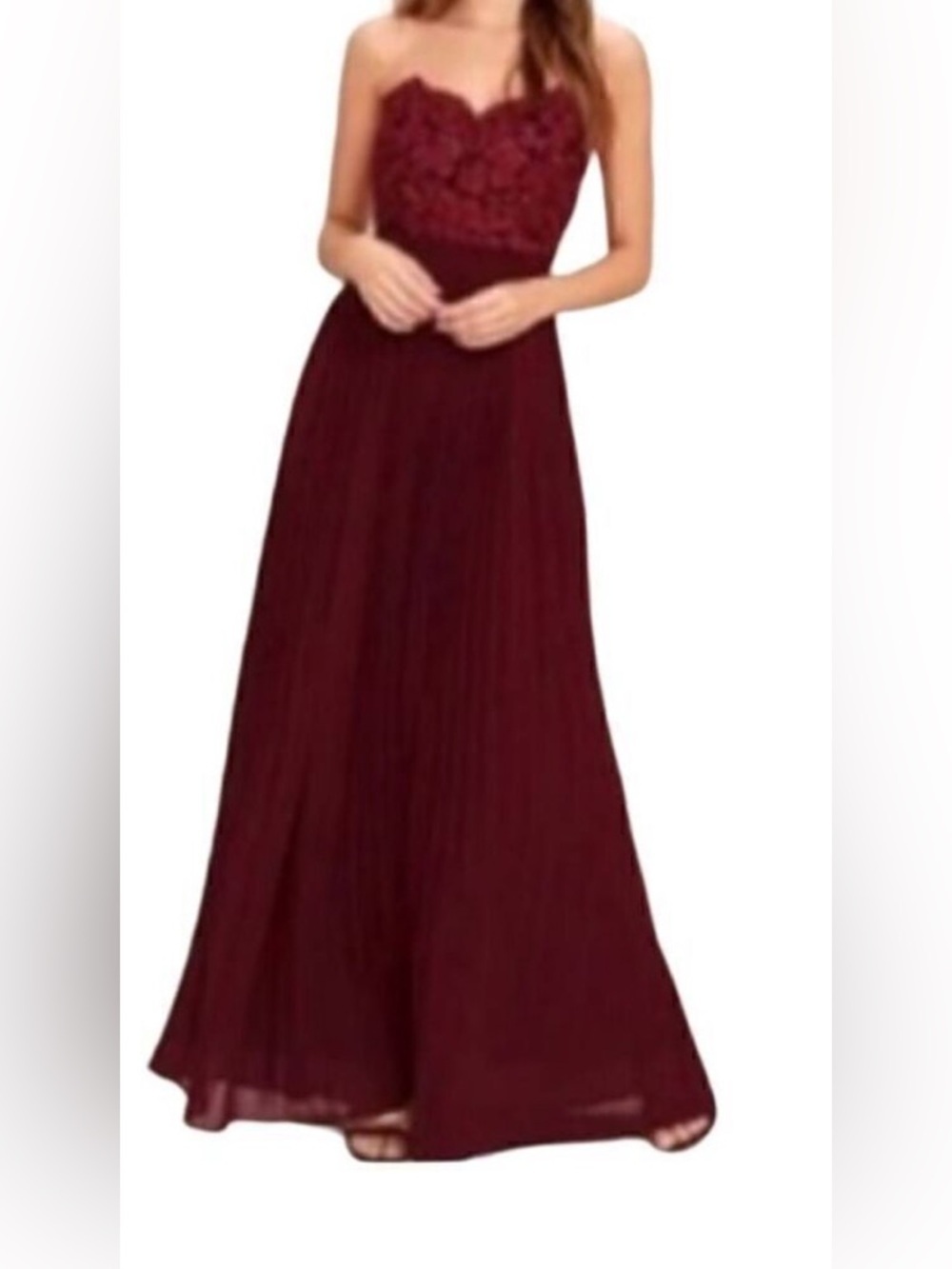 lulu's burgundy lace strapless evening dress